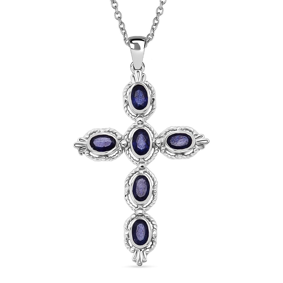 D'Joy Masoala Sapphire Cross Pendant in Rhodium Overlay Sterling Silver 3.30 Ct.