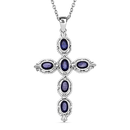 D'Joy Masoala Sapphire Cross Pendant in Rhodium Overlay Sterling Silver 3.30 Ct.