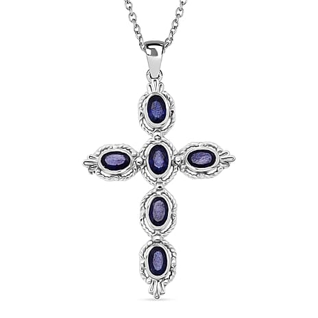 D'Joy Masoala Sapphire Cross Pendant in Rhodium Overlay Sterling Silver 3.30 Ct.