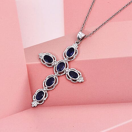 D'Joy Masoala Sapphire Cross Pendant in Rhodium Overlay Sterling Silver 3.30 Ct.