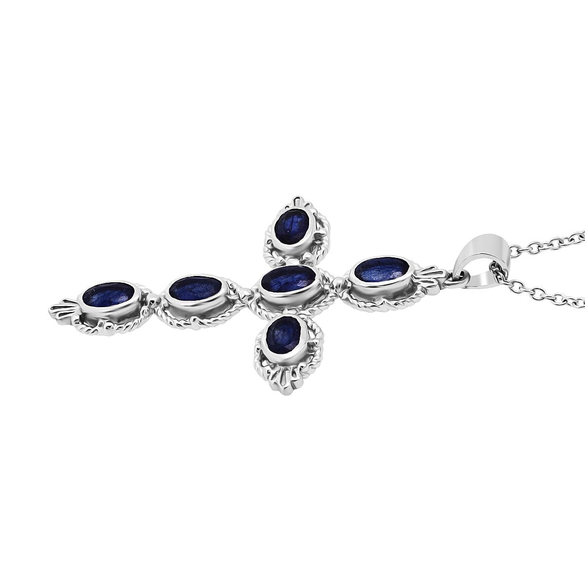 D'Joy Masoala Sapphire Cross Pendant in Rhodium Overlay Sterling Silver 3.30 Ct.