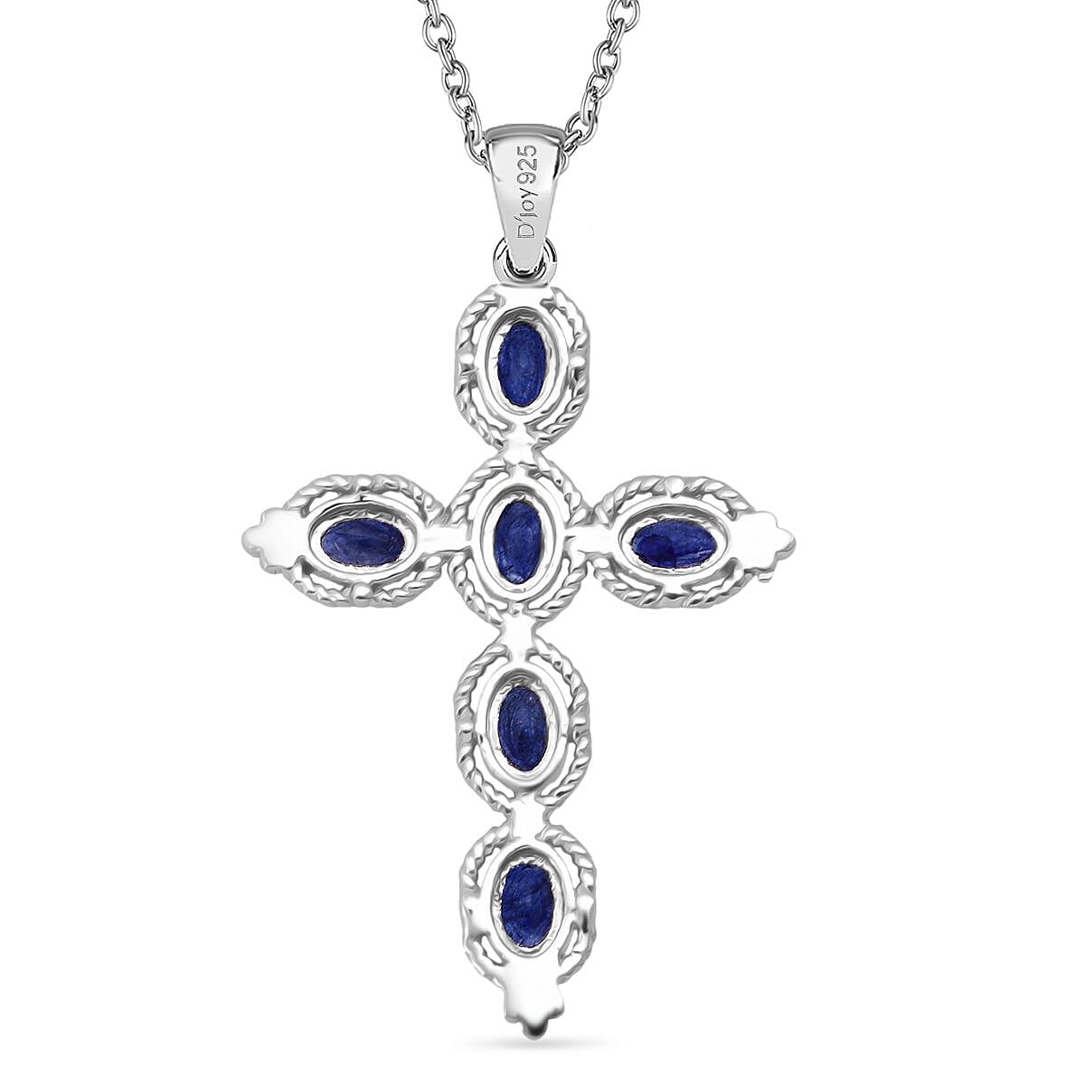 D'Joy Masoala Sapphire Cross Pendant in Rhodium Overlay Sterling Silver 3.30 Ct.