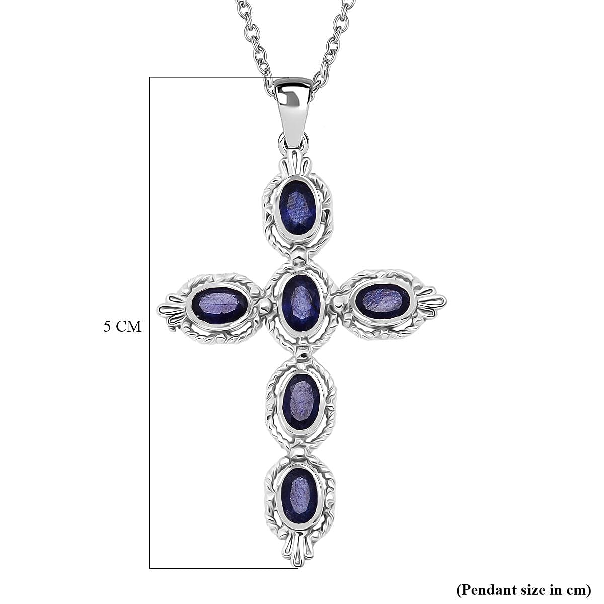 D'Joy Masoala Sapphire Cross Pendant in Rhodium Overlay Sterling Silver 3.30 Ct.