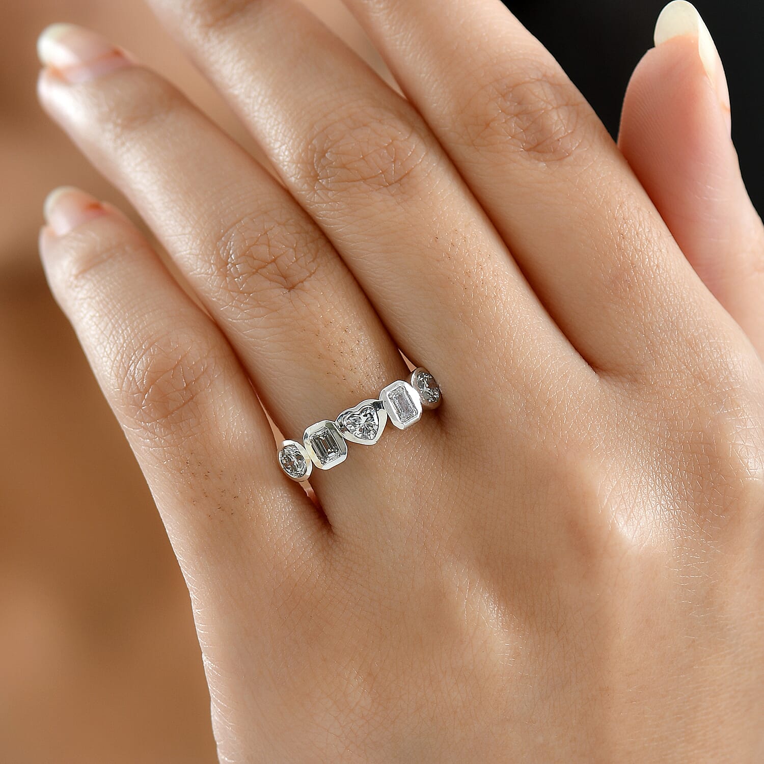 Luxuriant Lab Grown Diamond 5 Stone Ring in Rhodium Overlay Sterling Silver 1.27 Ct.