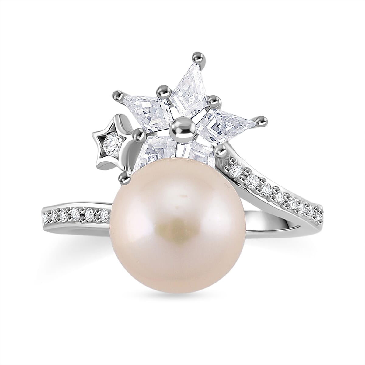 D'Joy White Edison Pearl, Moissanite & White Zircon Ring in Rhodium Overlay Sterling Silver 9.20 Ct.