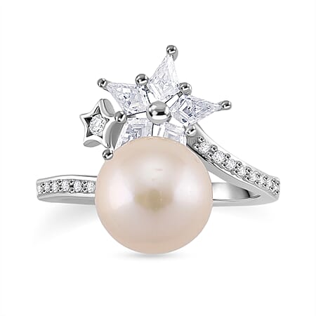 D'Joy White Edison Pearl, Moissanite & White Zircon Ring in Rhodium Overlay Sterling Silver 9.20 Ct.