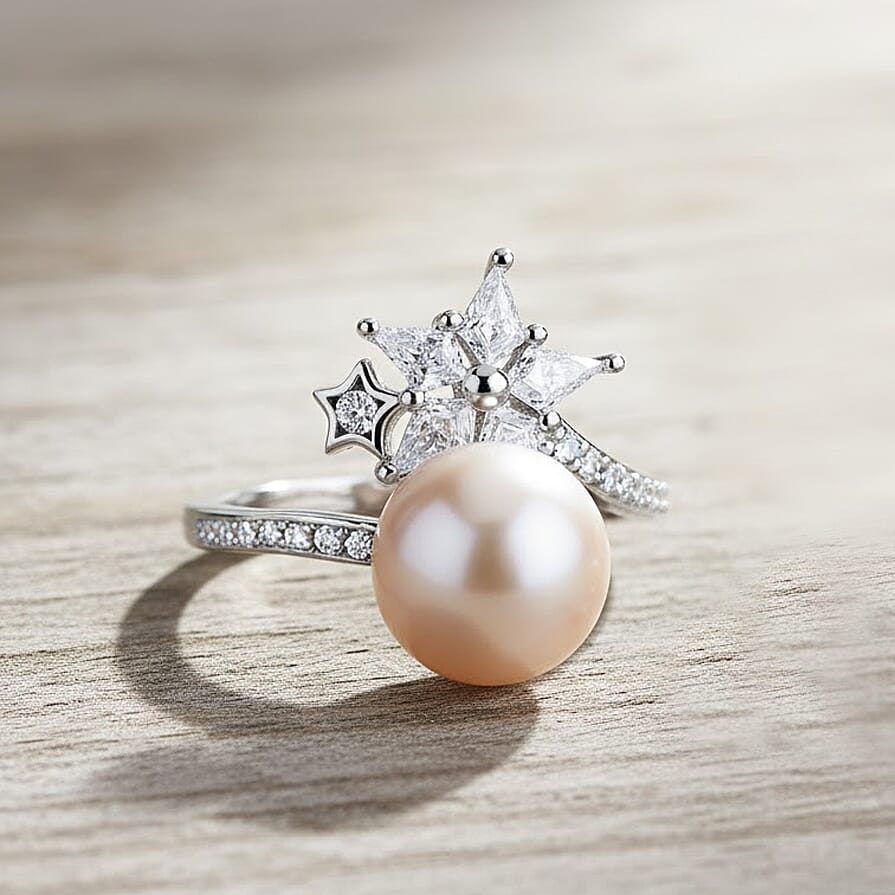 D'Joy White Edison Pearl, Moissanite & White Zircon Ring in Rhodium Overlay Sterling Silver 9.20 Ct.