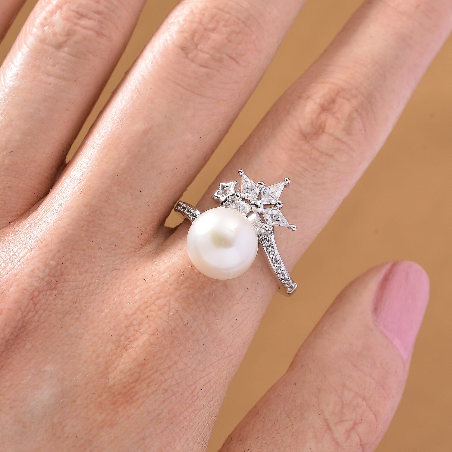 D'Joy White Edison Pearl, Moissanite & White Zircon Ring in Rhodium Overlay Sterling Silver 9.20 Ct.