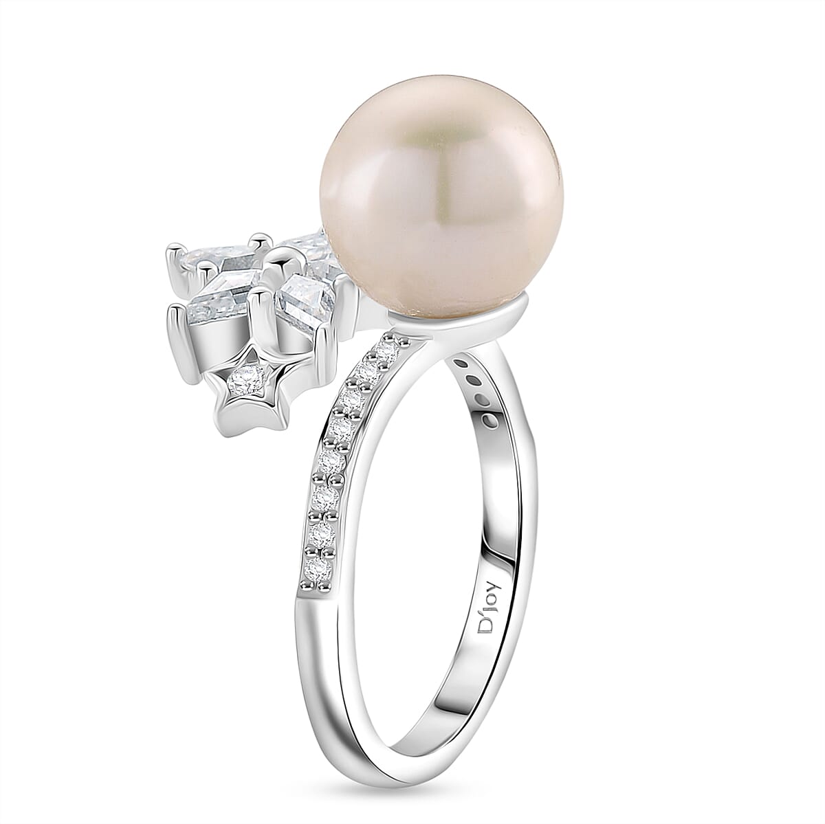 D'Joy White Edison Pearl, Moissanite & White Zircon Ring in Rhodium Overlay Sterling Silver 9.20 Ct.