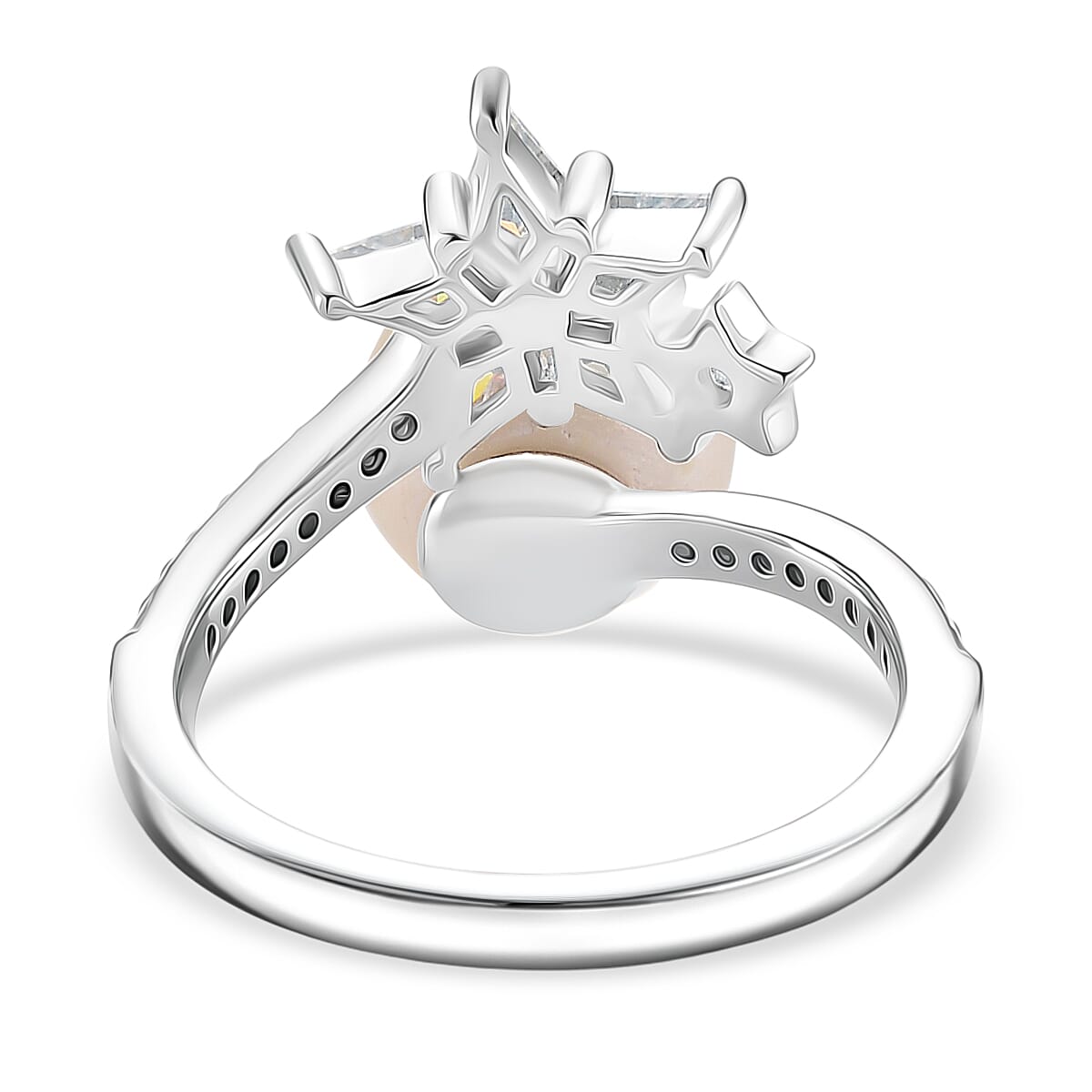 D'Joy White Edison Pearl, Moissanite & White Zircon Ring in Rhodium Overlay Sterling Silver 9.20 Ct.