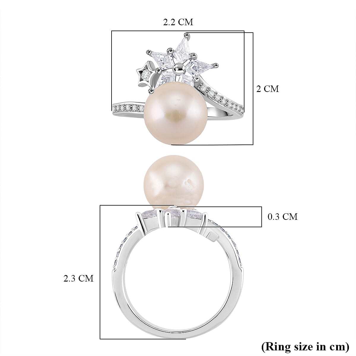 D'Joy White Edison Pearl, Moissanite & White Zircon Ring in Rhodium Overlay Sterling Silver 9.20 Ct.