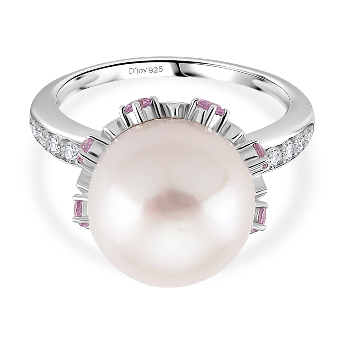 D'Joy White Edison Pearl, Pink Sapphire & White Zircon Ring in Rhodium Overlay Sterling Silver 0.99 Ct.