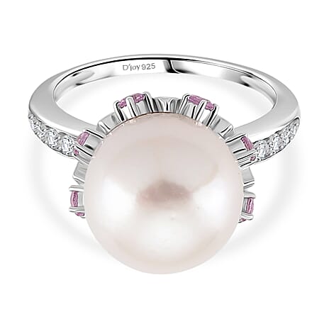 D'Joy White Edison Pearl, Pink Sapphire & White Zircon Ring in Rhodium Overlay Sterling Silver 0.99 Ct.