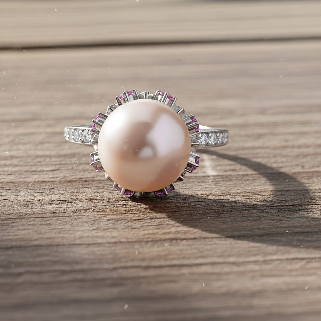 D'Joy White Edison Pearl, Pink Sapphire & White Zircon Ring in Rhodium Overlay Sterling Silver 0.99 Ct.