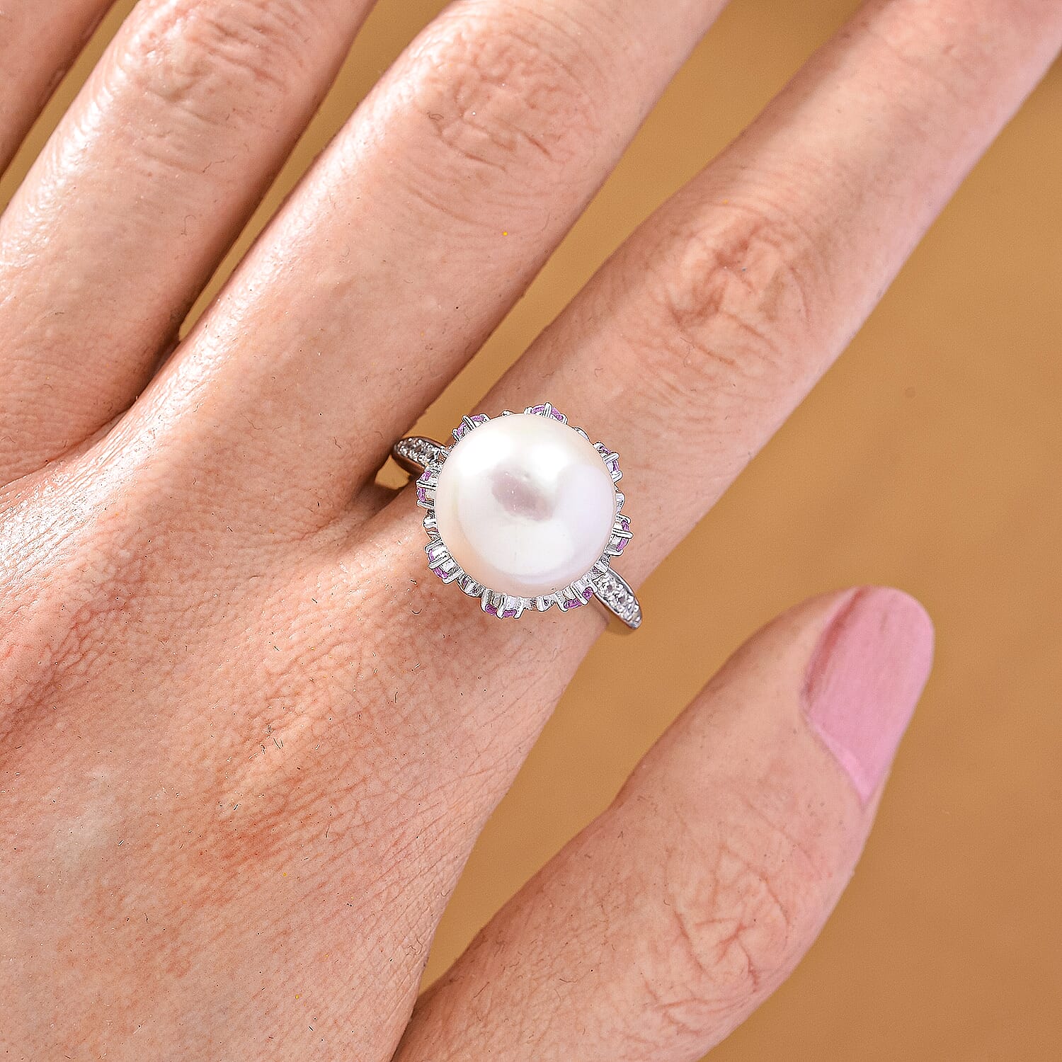 D'Joy White Edison Pearl, Pink Sapphire & White Zircon Ring in Rhodium Overlay Sterling Silver 0.99 Ct.