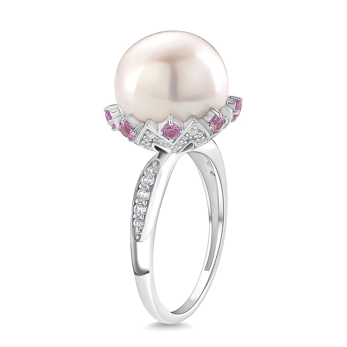 D'Joy White Edison Pearl, Pink Sapphire & White Zircon Ring in Rhodium Overlay Sterling Silver 0.99 Ct.