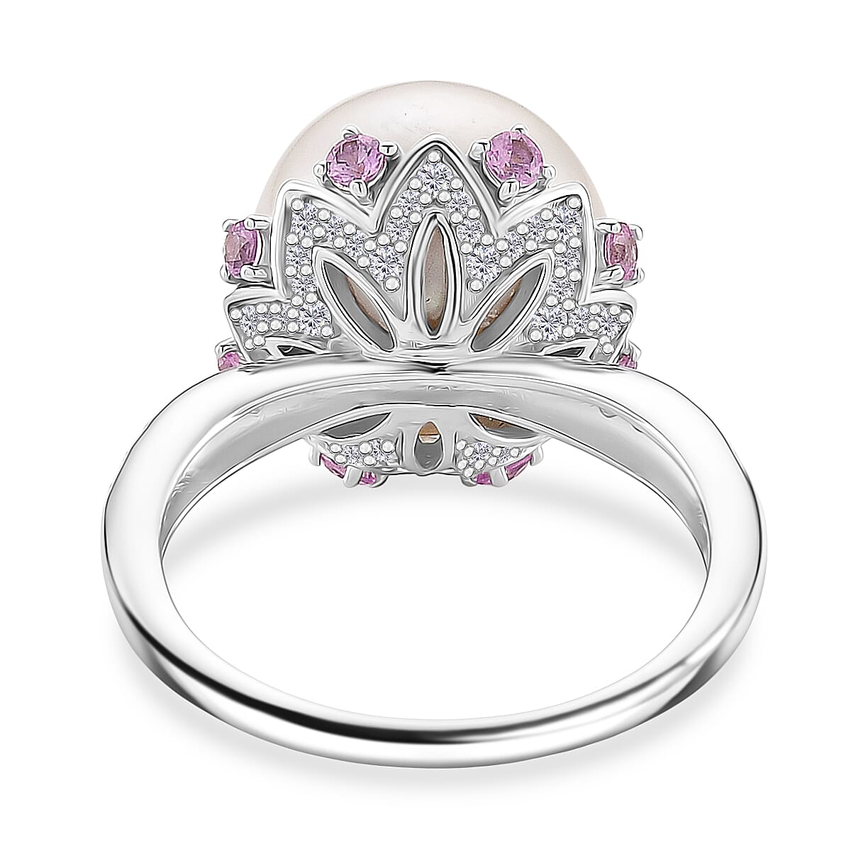 D'Joy White Edison Pearl, Pink Sapphire & White Zircon Ring in Rhodium Overlay Sterling Silver 0.99 Ct.