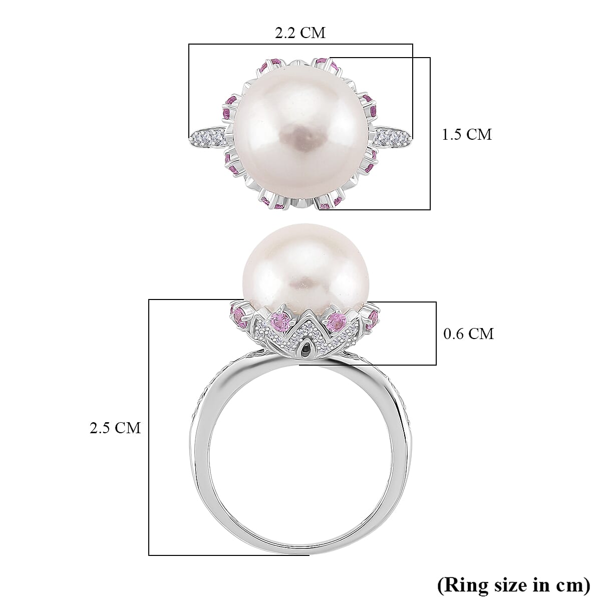 D'Joy White Edison Pearl, Pink Sapphire & White Zircon Ring in Rhodium Overlay Sterling Silver 0.99 Ct.