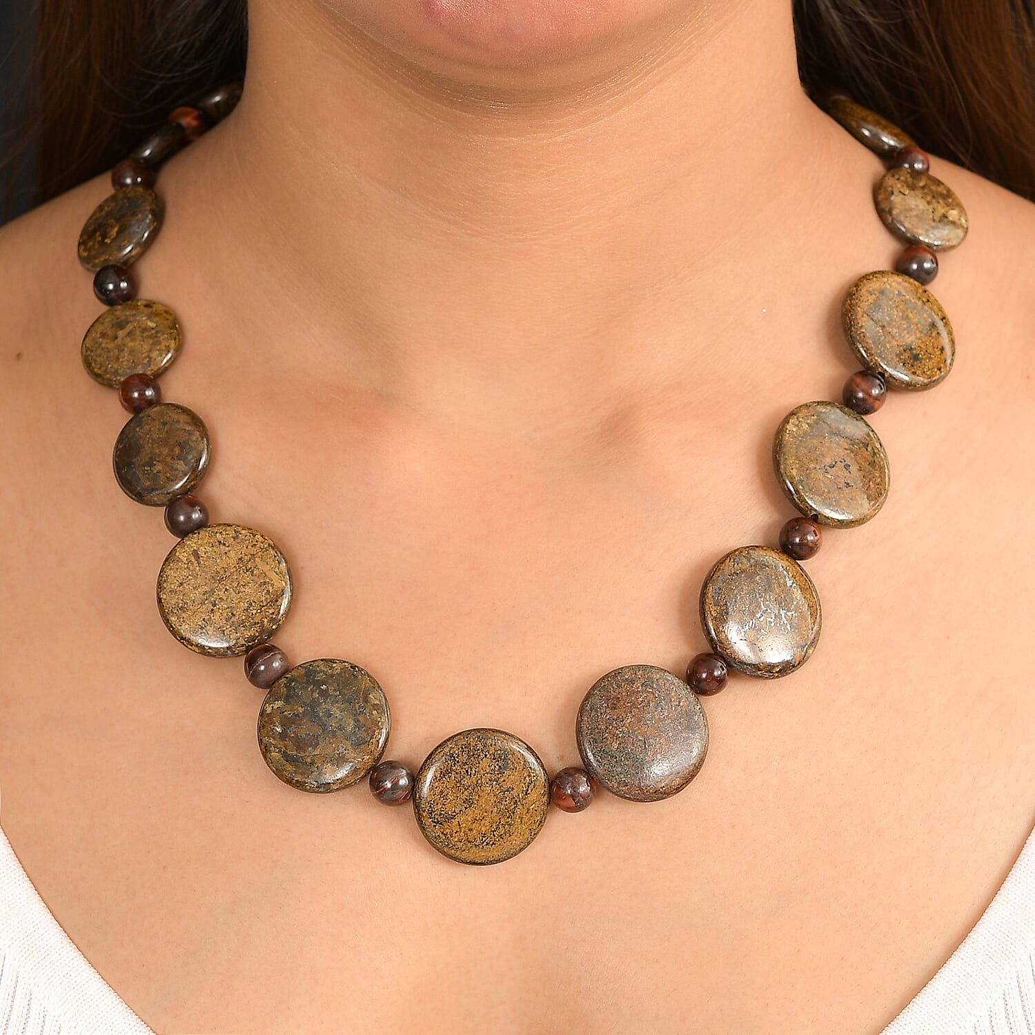 EverTrue Brownzite Jasper & Red Tiger Eye Necklace (Size 20) in Platinum Overlay 485.00 Ct.