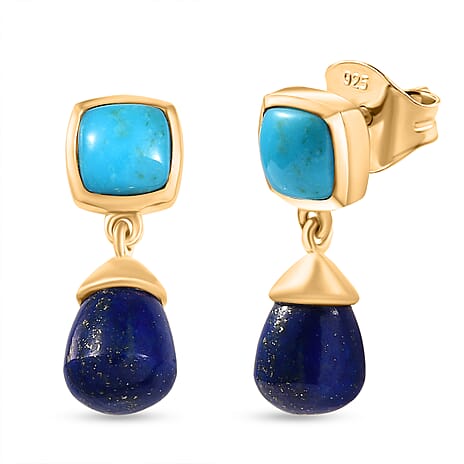 D'Joy Sleeping Beauty Turquoise & Lapis Lazuli Dangling Earring with Push Back in 18K Yellow Gold Plating Sterling Silver 5.82 Ct.