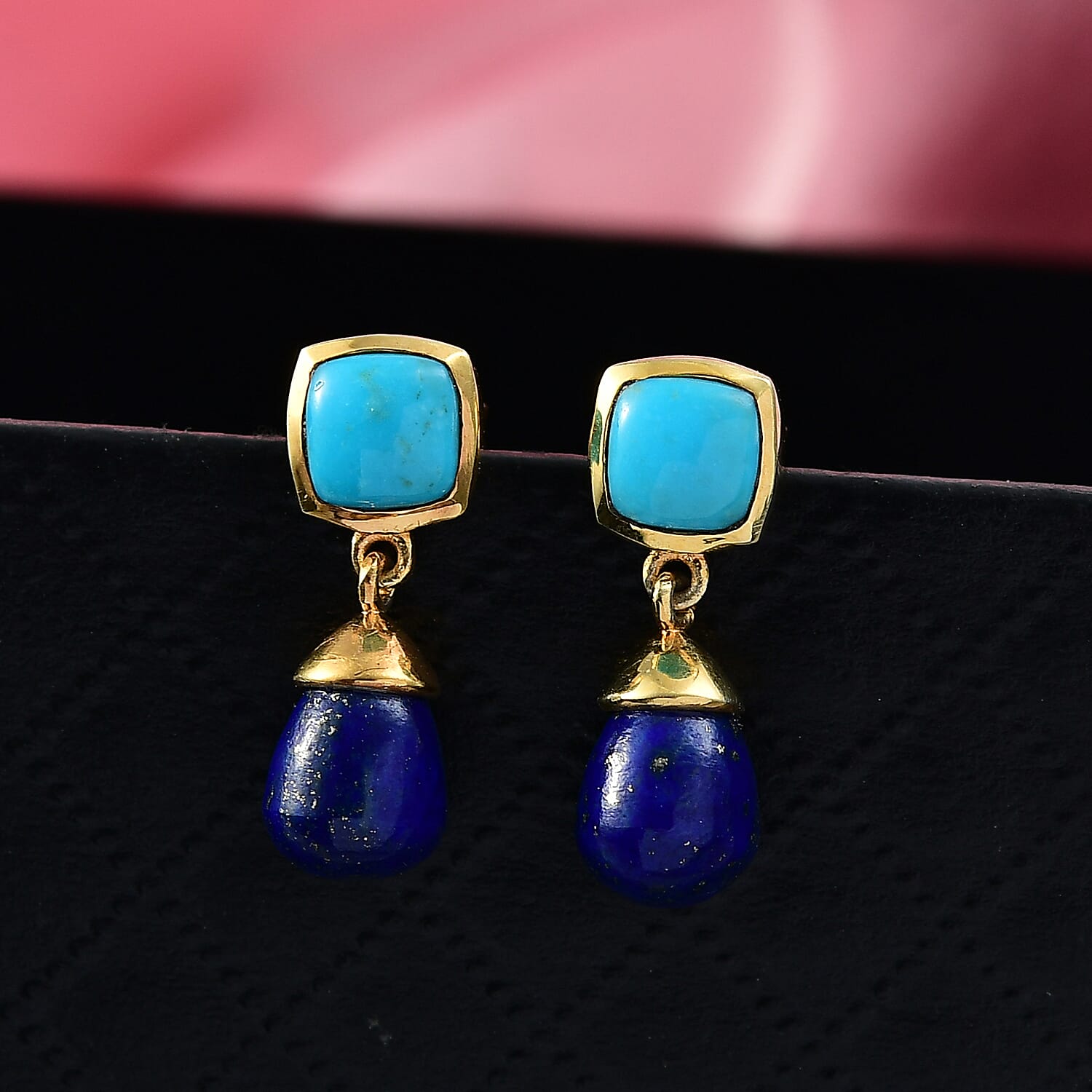 D'Joy Sleeping Beauty Turquoise & Lapis Lazuli Dangling Earring with Push Back in 18K Yellow Gold Plating Sterling Silver 5.82 Ct.