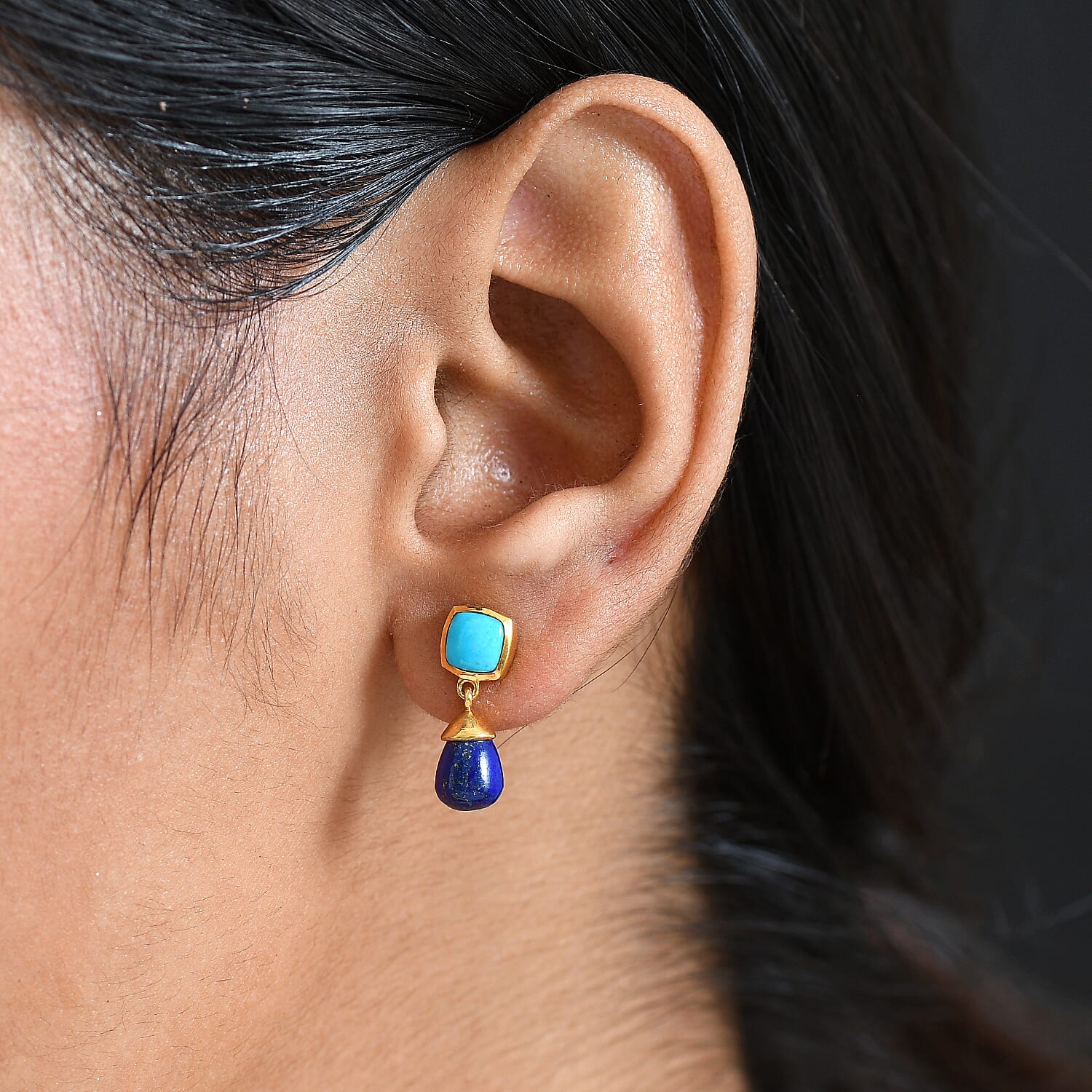 D'Joy Sleeping Beauty Turquoise & Lapis Lazuli Dangling Earring with Push Back in 18K Yellow Gold Plating Sterling Silver 5.82 Ct.