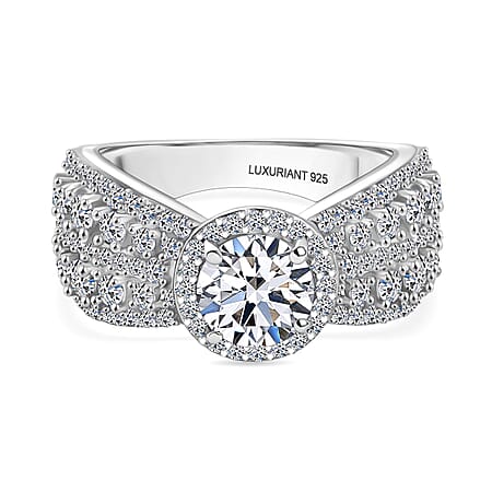 LUXURIANT 2 Ct. Lab Grown Diamond Halo Ring in Rhodium Overlay Sterling Silver LUXURIANT 2 Ct. Lab Grown Diamond Halo Ring in Rhodium Overlay Sterling Silver