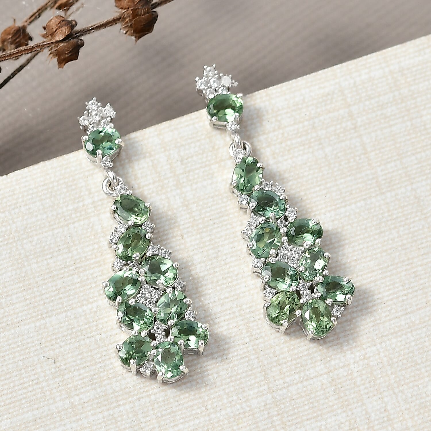 D'Joy Green Apatite & White Zircon Dangling Earring in Platinum Overlay Sterling Silver 4.22 Ct.