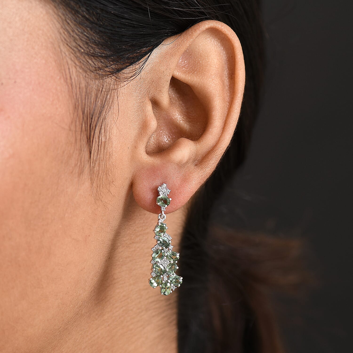 D'Joy Green Apatite & White Zircon Dangling Earring in Platinum Overlay Sterling Silver 4.22 Ct.