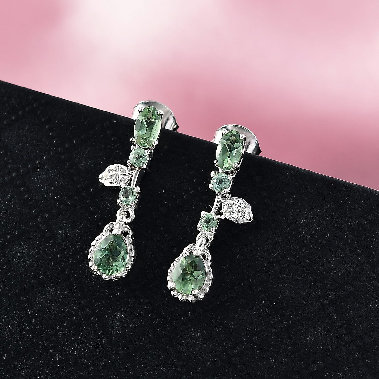 D'Joy Green Apatite & White Zircon Dangling Earring in Platinum Overlay Sterling Silver 1.51 Ct.
