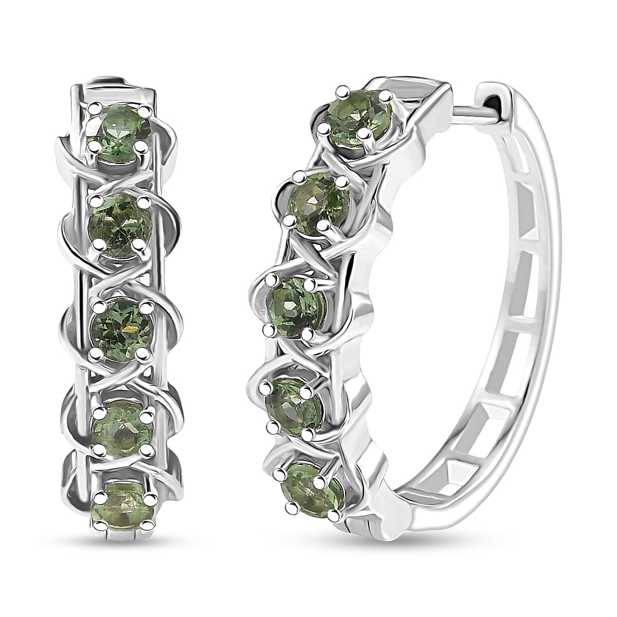 D'Joy Green Apatite Full Hoop Earring in Platinum Overlay Sterling Silver 1.43 Ct, Silver Wt. 6.16 Gms.