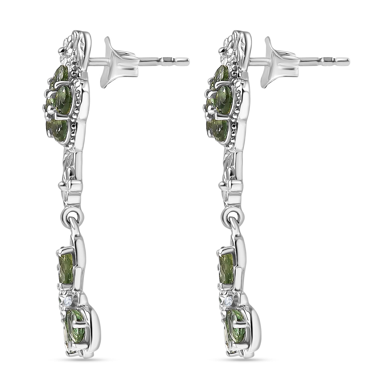 D'Joy Green Apatite & White Zircon Dangling Earring in Platinum Overlay Sterling Silver 2.97 Ct, Silver Wt. 5.13 Gms.