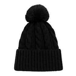Chunky Cable Knit Beanie Hat with Faux Fur Pom-Pom - Black