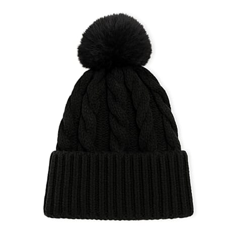 Chunky Cable Knit Beanie Hat with Faux Fur Pom-Pom - Black
