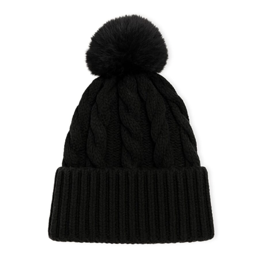 Chunky Cable Knit Beanie Hat with Faux Fur Pom-Pom - Black