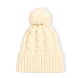 Chunky Cable Knit Beanie Hat with Faux Fur Pom-Pom - Light Peach - Cream