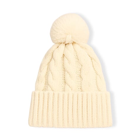 Chunky Cable Knit Beanie Hat with Faux Fur Pom-Pom - Light Peach - Cream