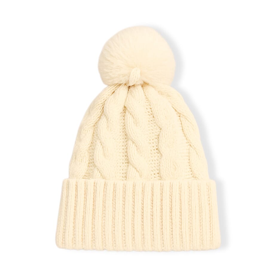 Chunky Cable Knit Beanie Hat with Faux Fur Pom-Pom - Light Peach - Cream