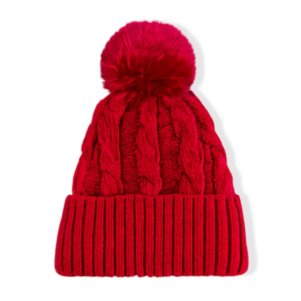 Chunky Cable Knit Beanie Hat with Faux Fur Pom-Pom - Red