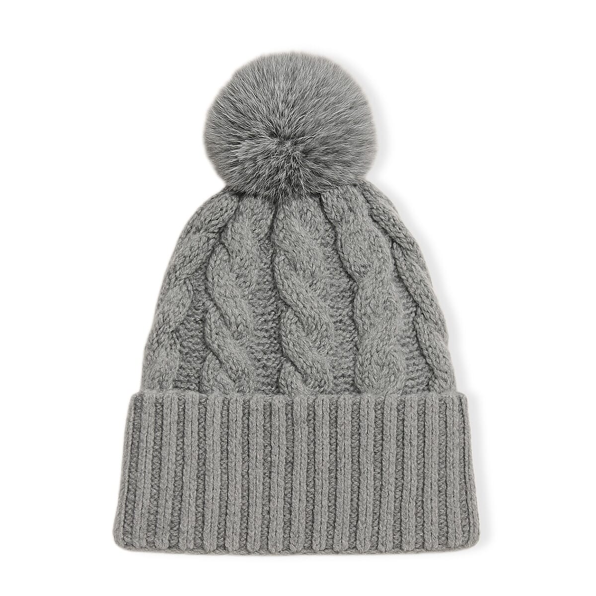 Chunky Cable Knit Beanie Hat with Faux Fur Pom-Pom - Grey