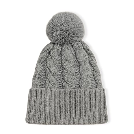 Chunky Cable Knit Beanie Hat with Faux Fur Pom-Pom - Grey
