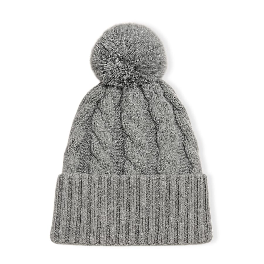 Chunky Cable Knit Beanie Hat with Faux Fur Pom-Pom - Grey