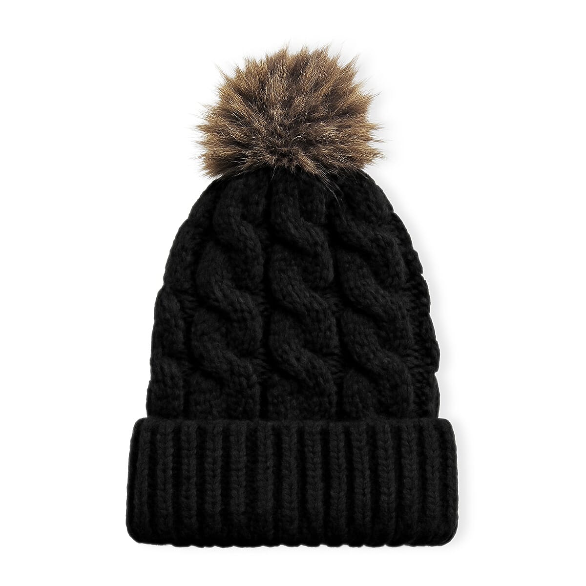Chunky Cable Knit Double layer Sherpa Beanie Hat with Faux Fur Pom-Pom - Black