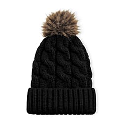 Chunky Cable Knit Double layer Sherpa Beanie Hat with Faux Fur Pom-Pom - Black