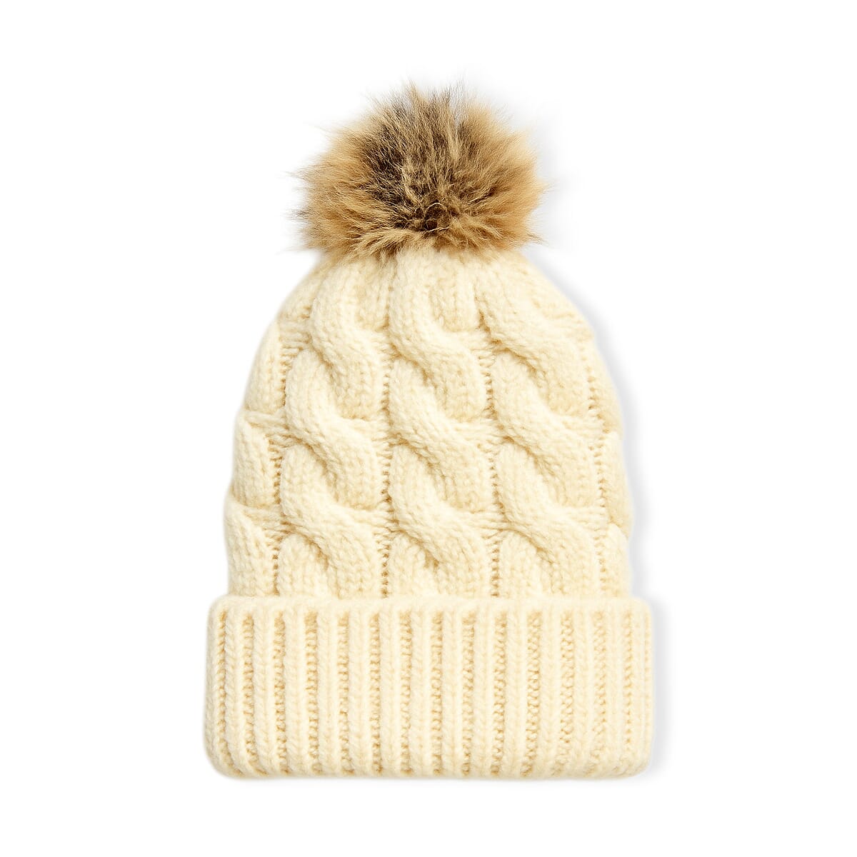 Chunky Cable Knit Beanie Hat with Faux Fur Pom-Pom - Ivory