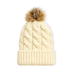 Chunky Cable Knit Beanie Hat with Faux Fur Pom-Pom - Ivory