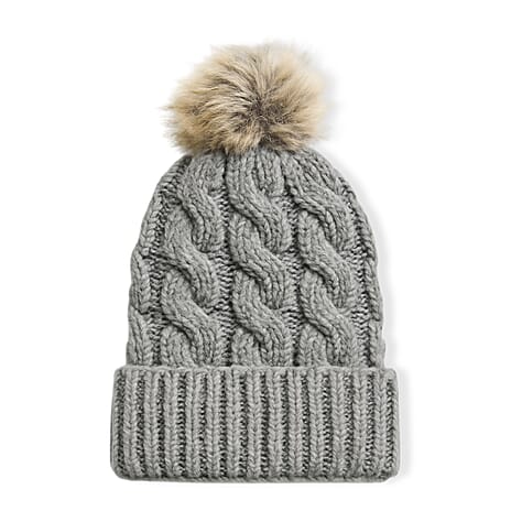 Chunky Cable Knit Beanie Hat with Faux Fur Pom-Pom - Grey