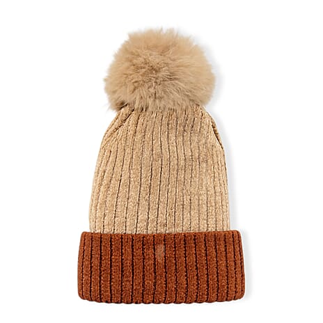 Two - Tone Ribbed Beanie Hat with Faux Fur Pom-Pom - 2 Shades of Brown