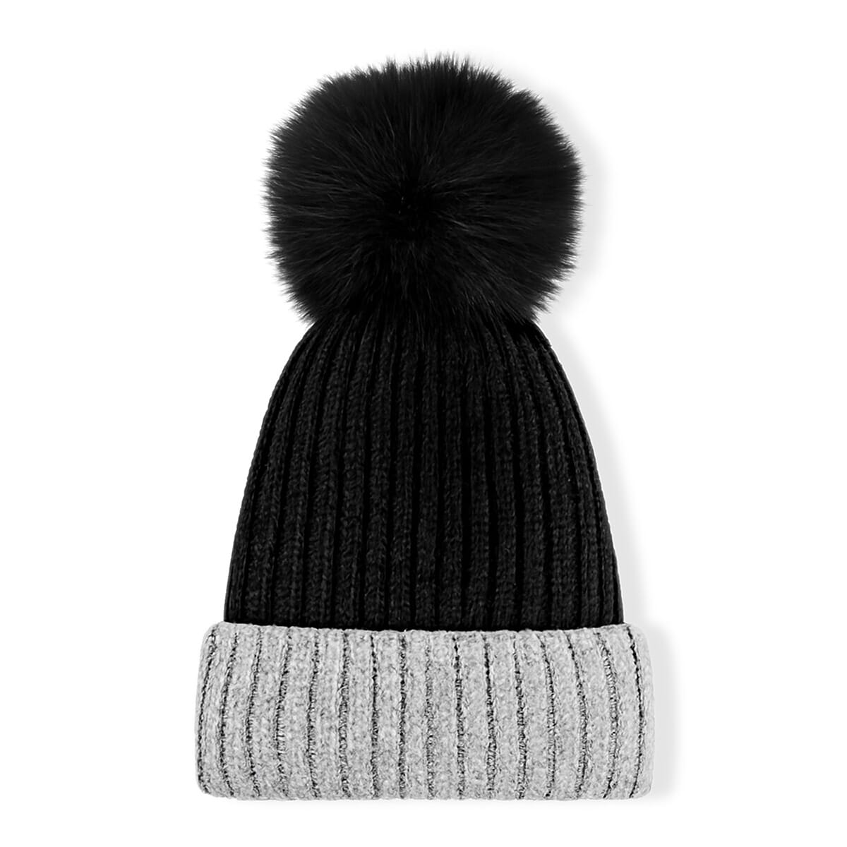 Two - Tone Ribbed Beanie Hat with Faux Fur Pom-Pom - Black - Grey