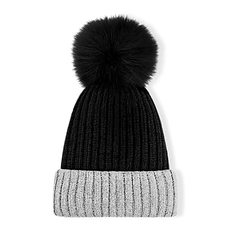Two - Tone Ribbed Beanie Hat with Faux Fur Pom-Pom - Black - Grey